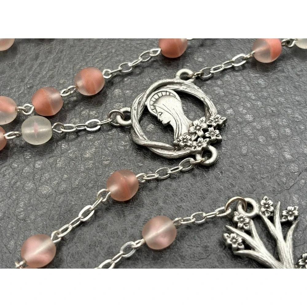 Dogwood Tree Pink Glass Rosary Bead Necklace Cross Pendant Silver Tone Boho